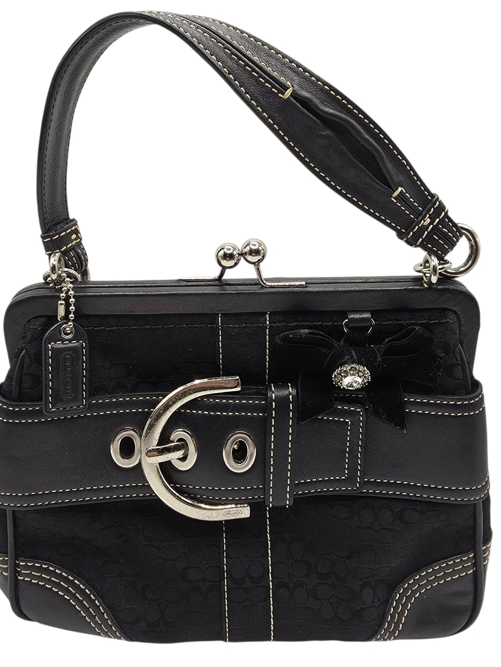 Vintage Y2K Coach Soho Black Shoulder Bag Signature C with Bow Charm Kiss Lock